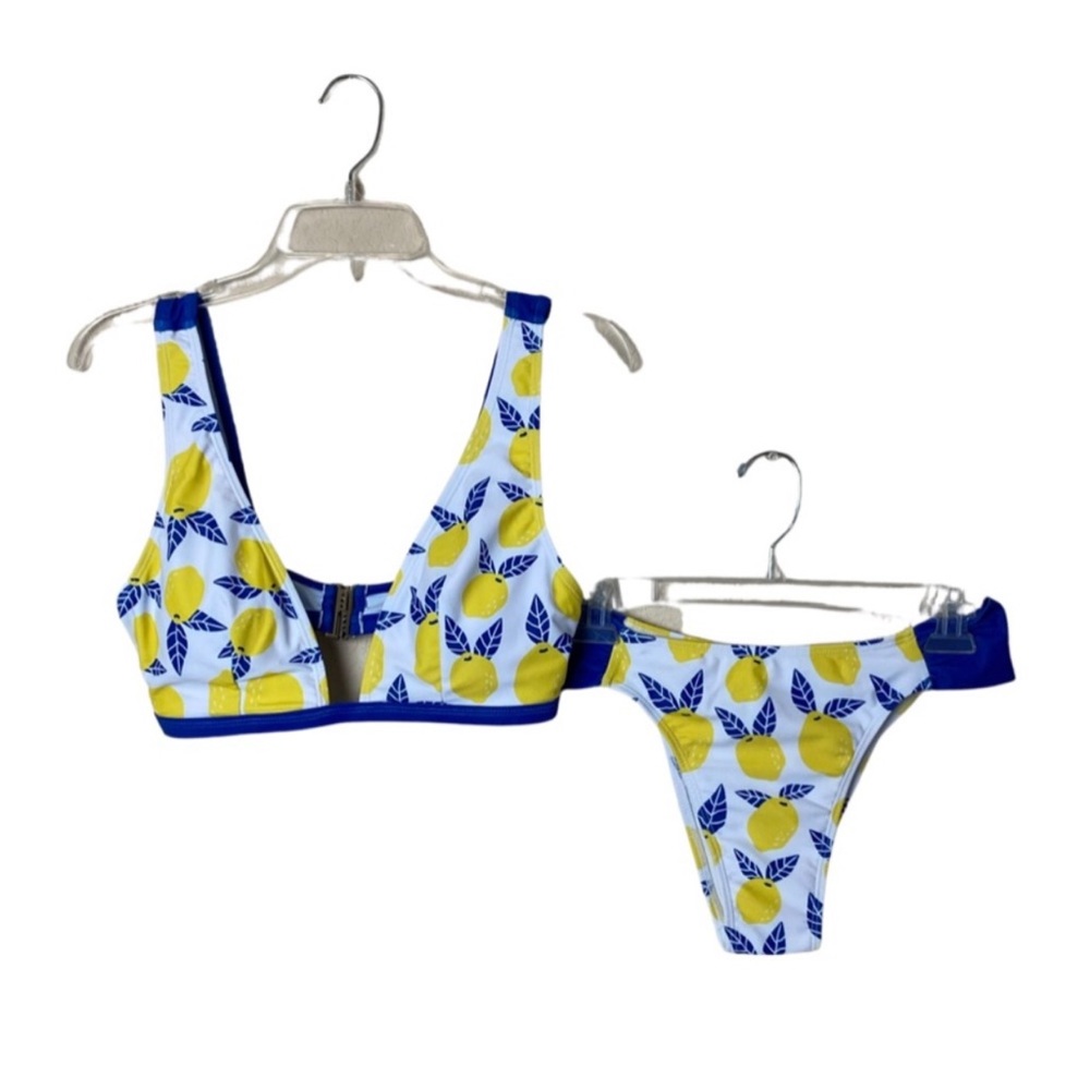 Romwe White Lemon Print Two Piece High Cut Bikini Swimsuit Medium